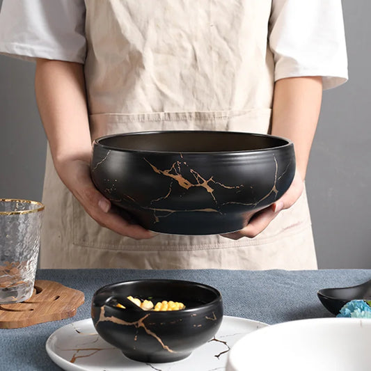 Nordic creative ceramic bowl black and white marble golden texture large capacity noodle soup bowl household simple tableware