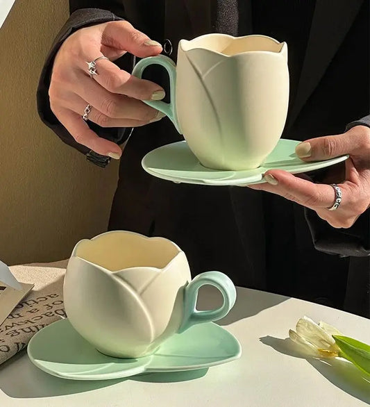 Floral Ceramic Drinkware Set: Tulip Tray with Matching Mugs and Saucers